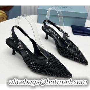 Best Grade Prada Crystals Slingbacks Pumps 5cm with Logo Bow Black 712021