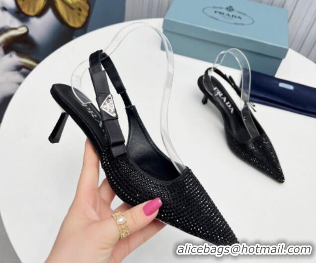 Best Grade Prada Crystals Slingbacks Pumps 5cm with Logo Bow Black 712021