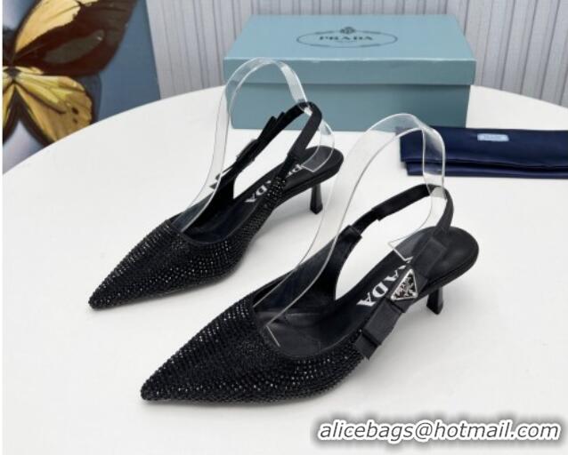 Best Grade Prada Crystals Slingbacks Pumps 5cm with Logo Bow Black 712021