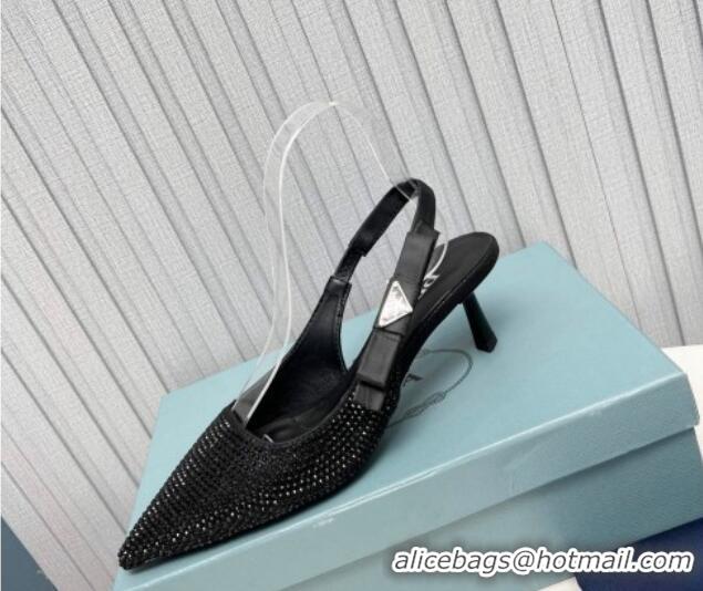 Best Grade Prada Crystals Slingbacks Pumps 5cm with Logo Bow Black 712021