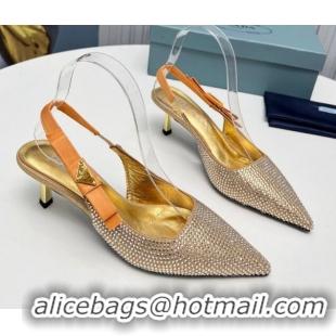 Perfect Prada Crystals Slingbacks Pumps 5cm with Logo Bow Gold 712022