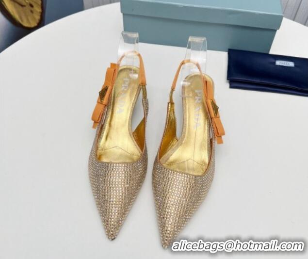 Perfect Prada Crystals Slingbacks Pumps 5cm with Logo Bow Gold 712022