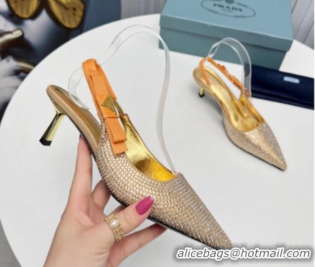 Perfect Prada Crystals Slingbacks Pumps 5cm with Logo Bow Gold 712022