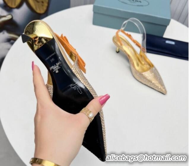 Perfect Prada Crystals Slingbacks Pumps 5cm with Logo Bow Gold 712022