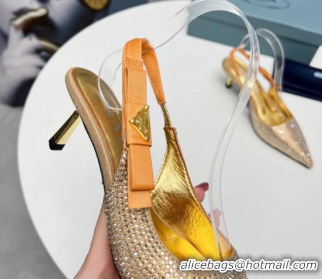 Perfect Prada Crystals Slingbacks Pumps 5cm with Logo Bow Gold 712022