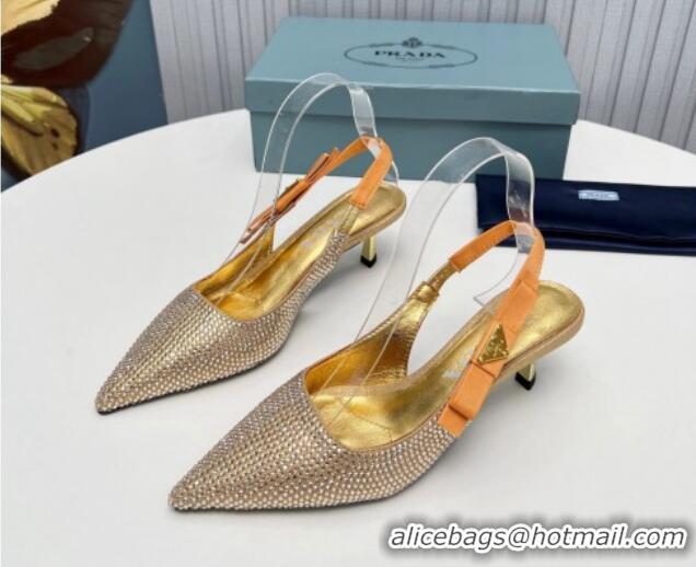 Perfect Prada Crystals Slingbacks Pumps 5cm with Logo Bow Gold 712022