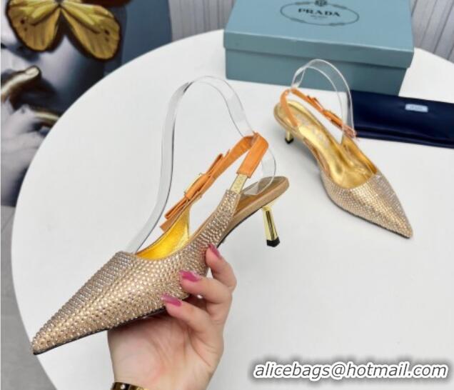 Perfect Prada Crystals Slingbacks Pumps 5cm with Logo Bow Gold 712022