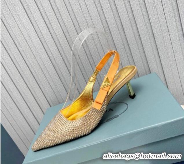 Perfect Prada Crystals Slingbacks Pumps 5cm with Logo Bow Gold 712022