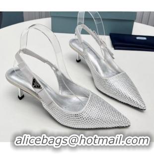 Crafted Prada Crystals Slingbacks Pumps 5cm with Logo Bow Silver 712023