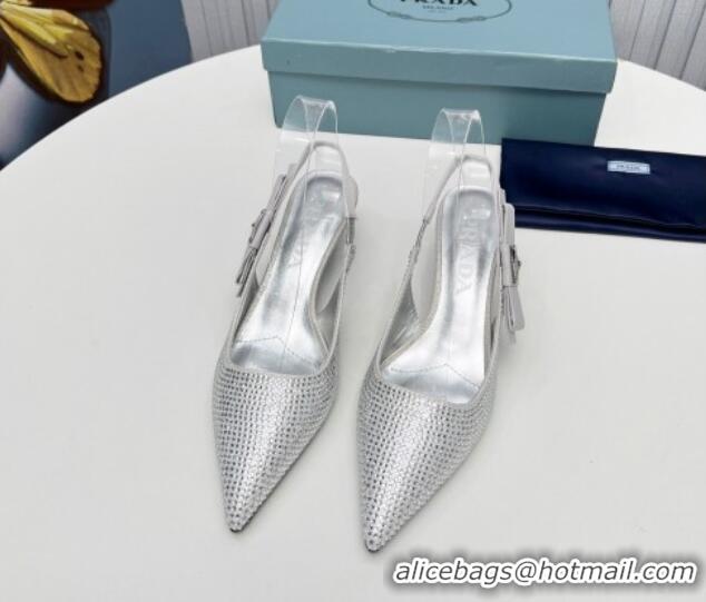 Crafted Prada Crystals Slingbacks Pumps 5cm with Logo Bow Silver 712023