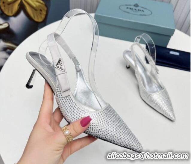 Crafted Prada Crystals Slingbacks Pumps 5cm with Logo Bow Silver 712023