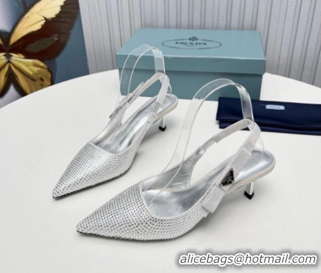 Crafted Prada Crystals Slingbacks Pumps 5cm with Logo Bow Silver 712023