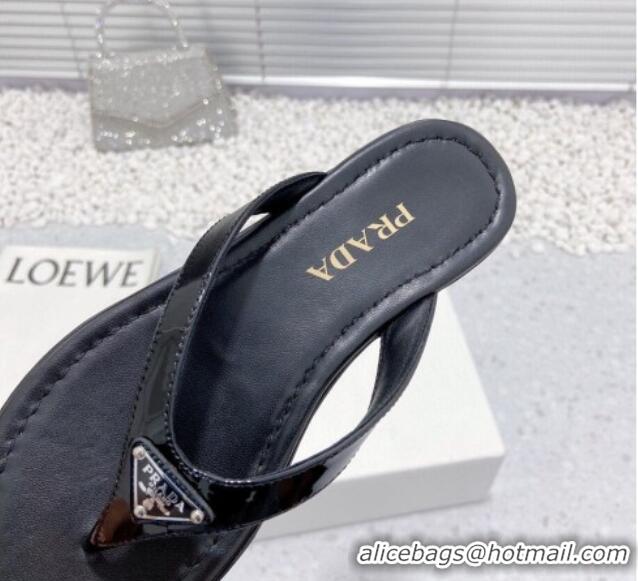 Charming Prada Patent Leather Flat Slide Thong Sandals Black 712022