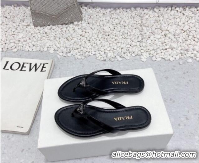 Charming Prada Patent Leather Flat Slide Thong Sandals Black 712022