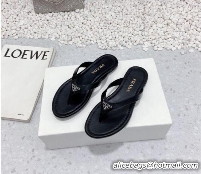 Charming Prada Patent Leather Flat Slide Thong Sandals Black 712022