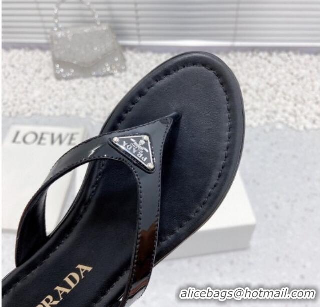 Charming Prada Patent Leather Flat Slide Thong Sandals Black 712022