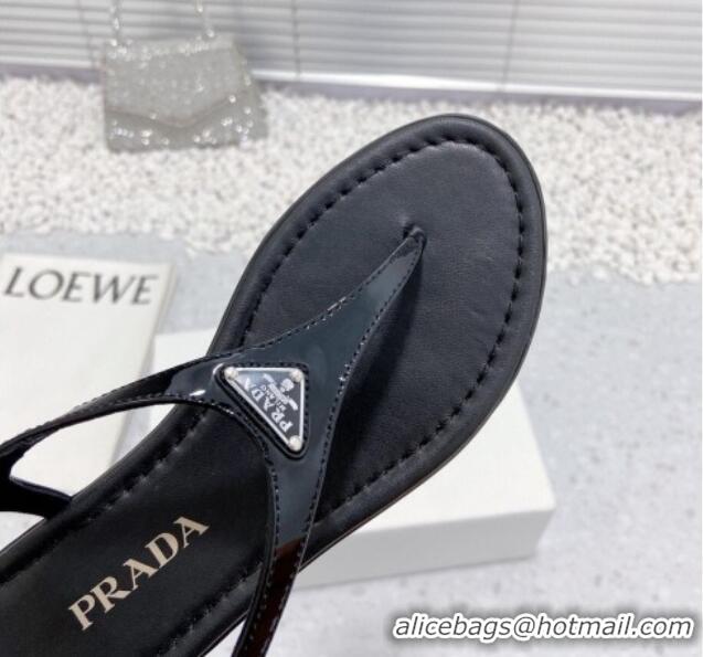 Unique Style Prada Patent Leather Flat Thong Sandals Black 712023