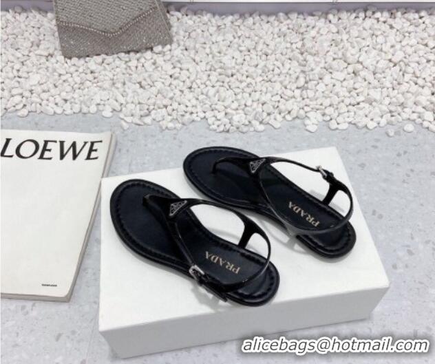 Unique Style Prada Patent Leather Flat Thong Sandals Black 712023