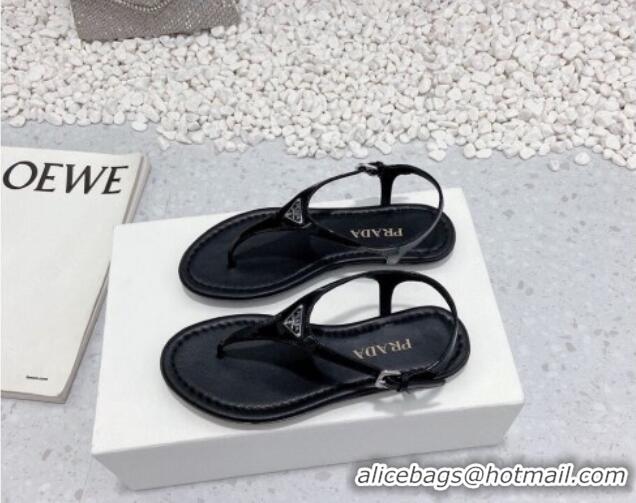 Unique Style Prada Patent Leather Flat Thong Sandals Black 712023