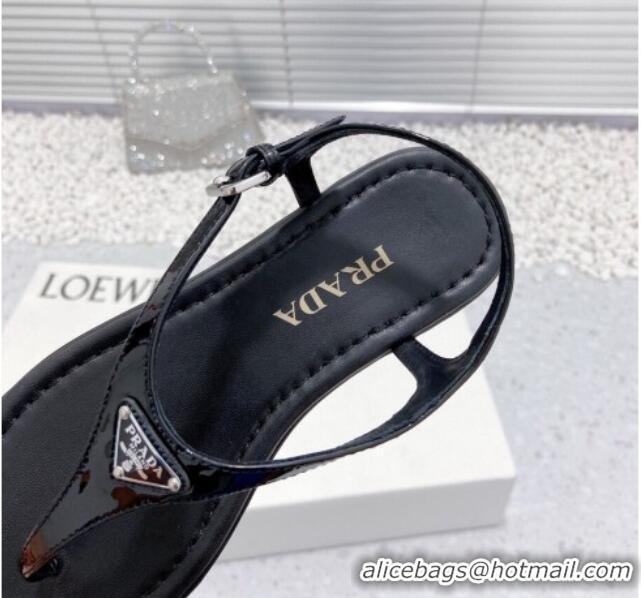 Unique Style Prada Patent Leather Flat Thong Sandals Black 712023