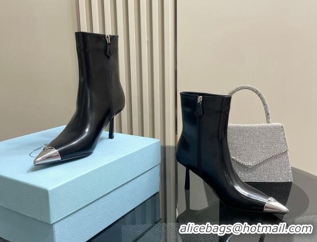 Pretty Style Prada Brushed Leather Ankle Boots 7.5cm Black/Silver 725071