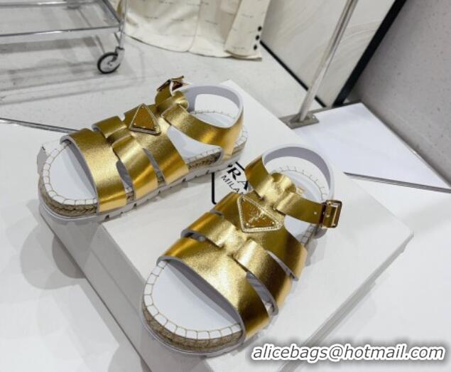 Good Quality Prada Rubber Flat Sandals Gold 728031