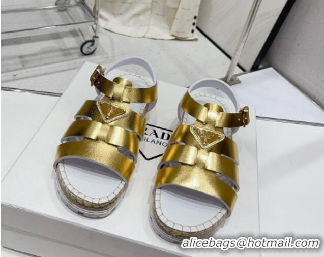 Good Quality Prada Rubber Flat Sandals Gold 728031