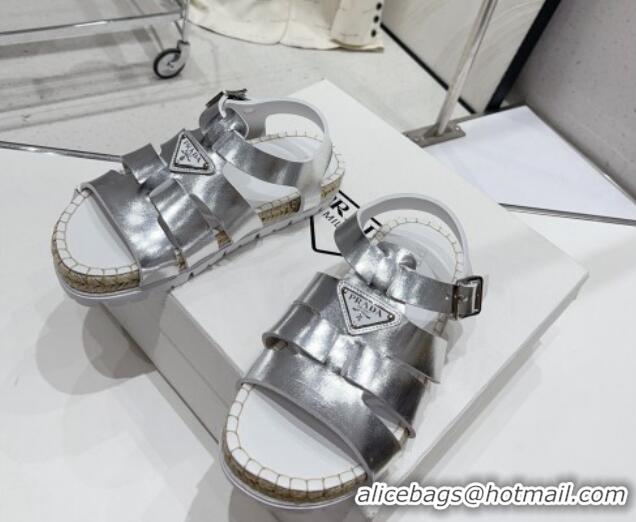 Good Product Prada Rubber Flat Sandals Silver 728033