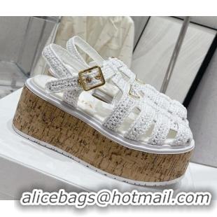 Big Discount Prada Crochet Wedge Platform Sandals White 801091