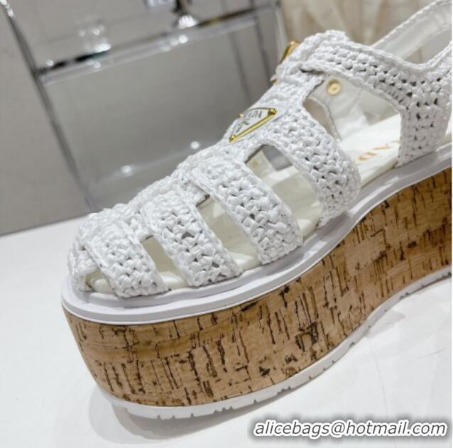 Big Discount Prada Crochet Wedge Platform Sandals White 801091