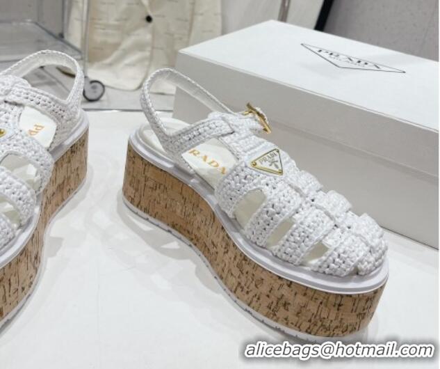 Big Discount Prada Crochet Wedge Platform Sandals White 801091