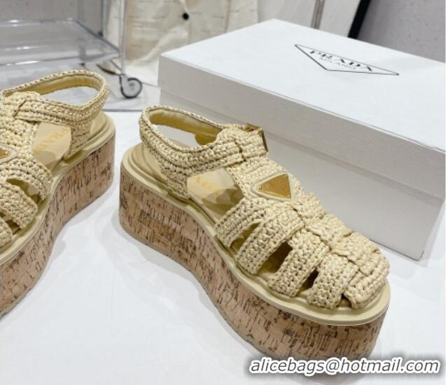 Charming Prada Crochet Wedge Platform Sandals Beige 801092