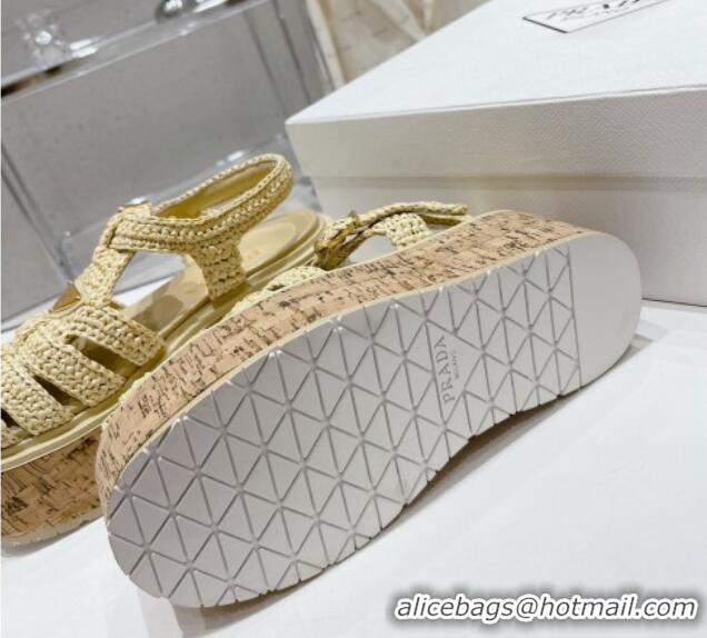 Charming Prada Crochet Wedge Platform Sandals Beige 801092