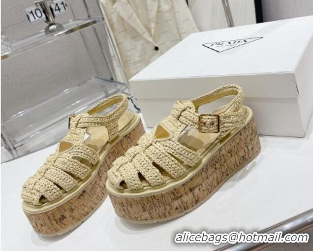 Charming Prada Crochet Wedge Platform Sandals Beige 801092