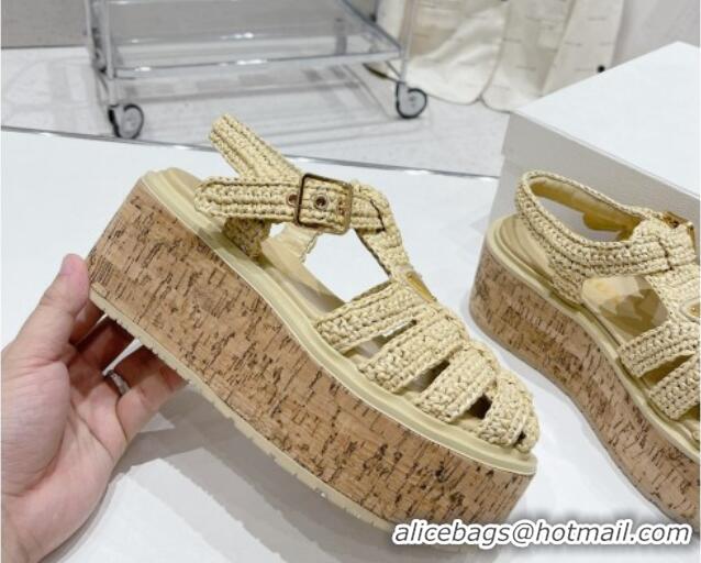 Charming Prada Crochet Wedge Platform Sandals Beige 801092