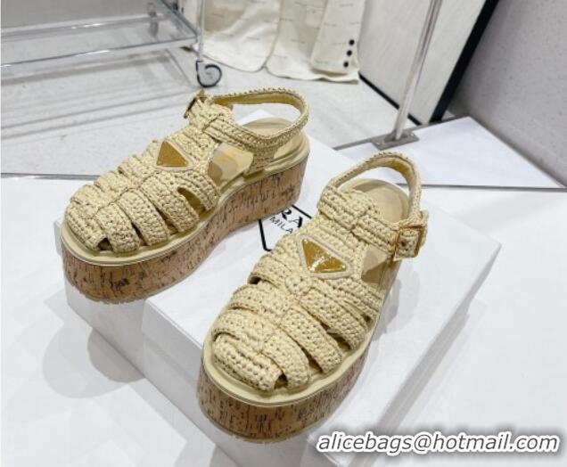 Charming Prada Crochet Wedge Platform Sandals Beige 801092