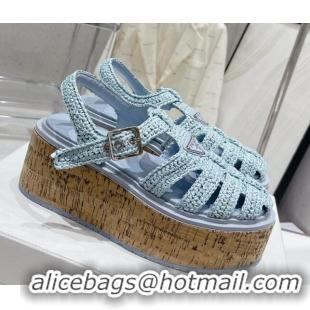 Classic Hot Prada Crochet Wedge Platform Sandals Light Blue 801093