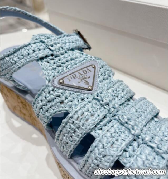 Classic Hot Prada Crochet Wedge Platform Sandals Light Blue 801093