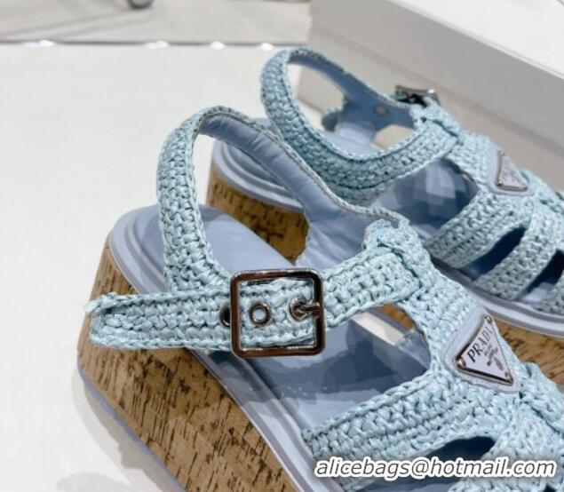 Classic Hot Prada Crochet Wedge Platform Sandals Light Blue 801093