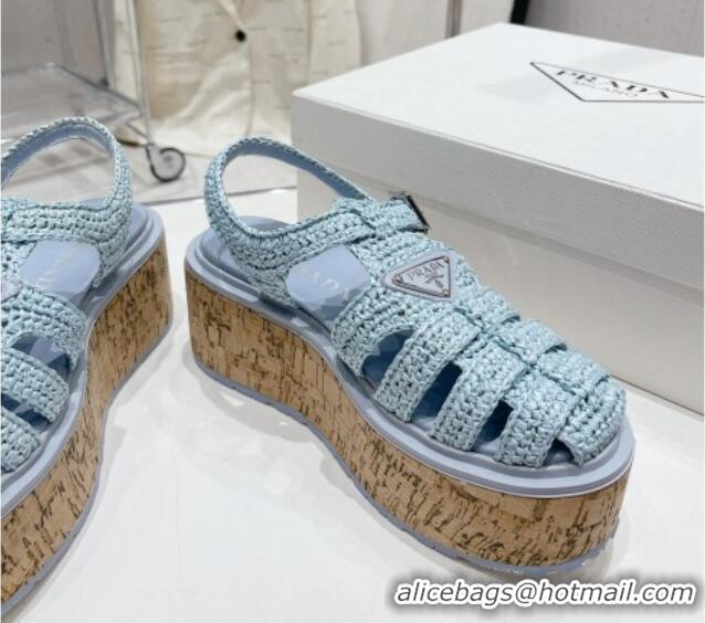 Classic Hot Prada Crochet Wedge Platform Sandals Light Blue 801093