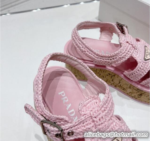 Classic Prada Crochet Wedge Platform Sandals Light Pink 801094