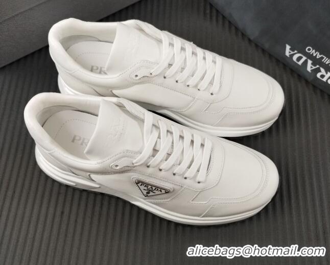 Top Design Prada Men's Leather Sneakers with Logo White 804109