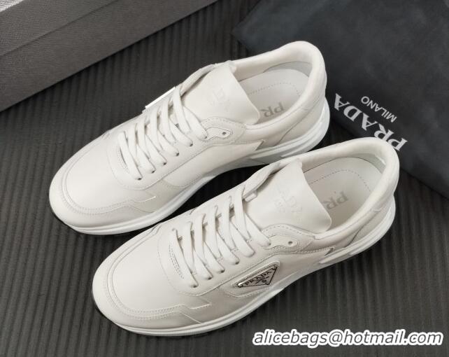 Top Design Prada Men's Leather Sneakers with Logo White 804109