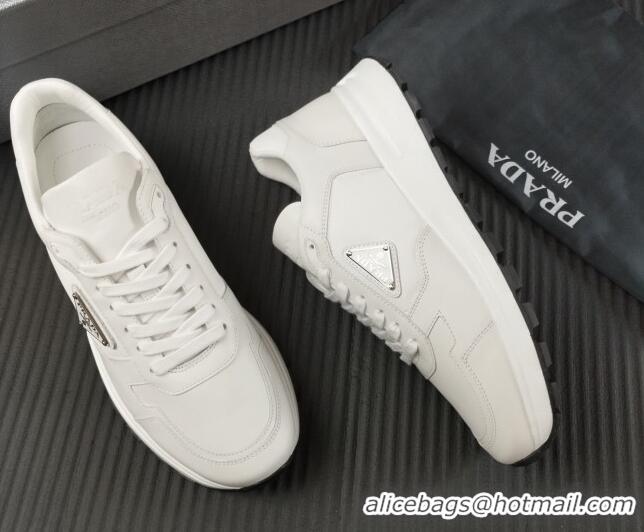 Top Design Prada Men's Leather Sneakers with Logo White 804109