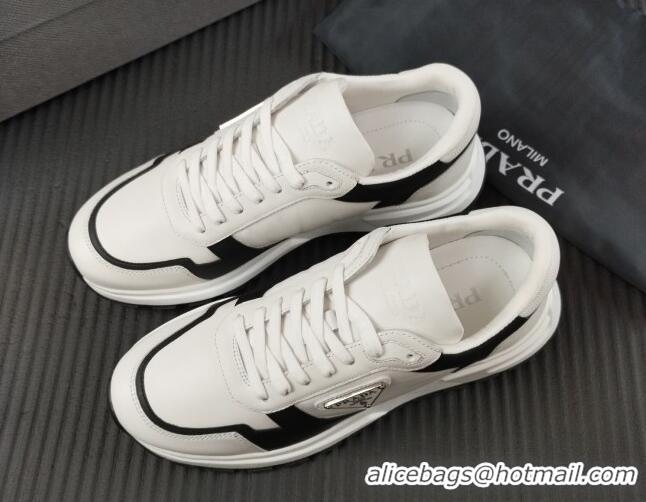 Lowest Cost Prada Men's Leather Sneakers with Logo White/Black 804111