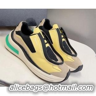 Best Price Prada Men's Brushed Leather Sneakers with Bike Fabric and Suede Yellow 809004