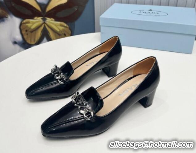 Purchase Prada Patent Leather Pointed Pumps 4.5cm with Logo Chain Black 821100