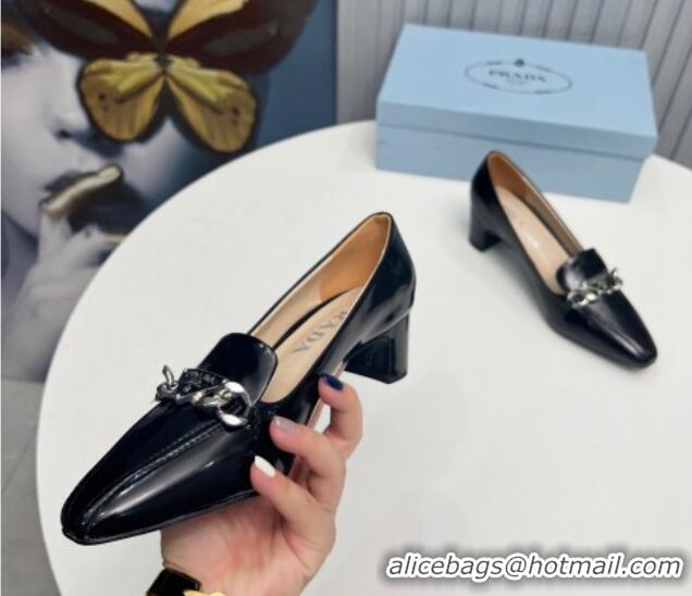 Purchase Prada Patent Leather Pointed Pumps 4.5cm with Logo Chain Black 821100