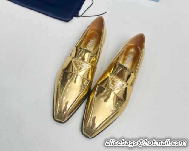 Good Quality Prada Patent Leather Pointed Loafers Gold 821101