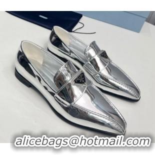 Top Grade Prada Patent Leather Pointed Loafers Silver 821102